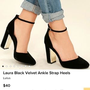 Lulus Laura Black Velvet Ankle Strap Heels, size 7